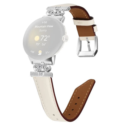 Silver Buckle Band for Google Pixel Watch / Pixel Watch 2 Crown Rhinestone Decor Genuine Cowhide Leather Wrist Strap