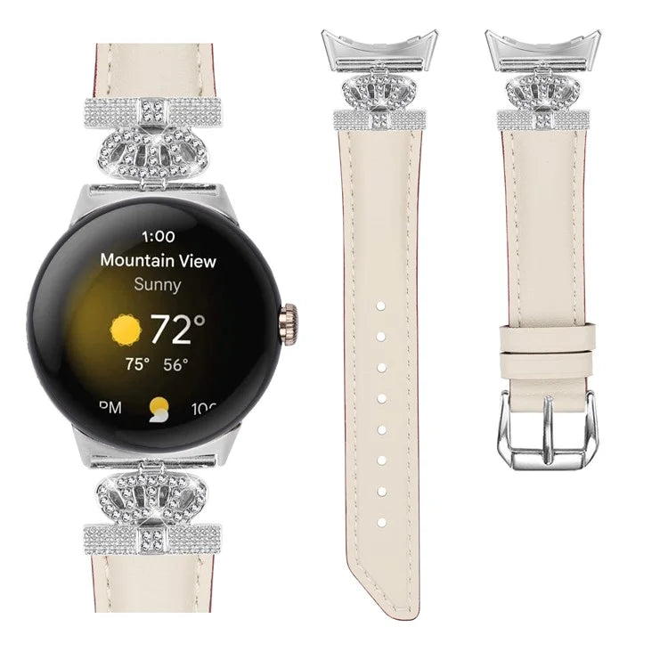 Silver Buckle Band for Google Pixel Watch / Pixel Watch 2 Crown Rhinestone Decor Genuine Cowhide Leather Wrist Strap