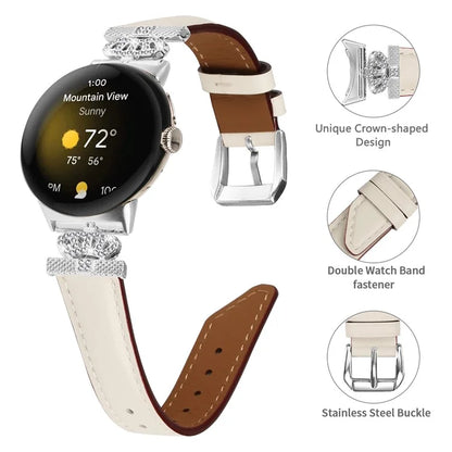 Silver Buckle Band for Google Pixel Watch / Pixel Watch 2 Crown Rhinestone Decor Genuine Cowhide Leather Wrist Strap