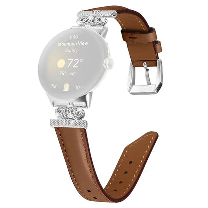 Silver Buckle Band for Google Pixel Watch / Pixel Watch 2 Crown Rhinestone Decor Genuine Cowhide Leather Wrist Strap