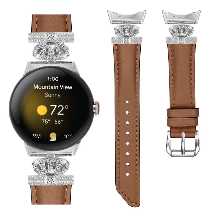 Silver Buckle Band for Google Pixel Watch / Pixel Watch 2 Crown Rhinestone Decor Genuine Cowhide Leather Wrist Strap