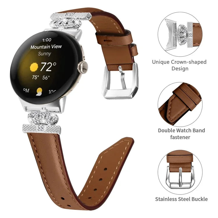 Silver Buckle Band for Google Pixel Watch / Pixel Watch 2 Crown Rhinestone Decor Genuine Cowhide Leather Wrist Strap