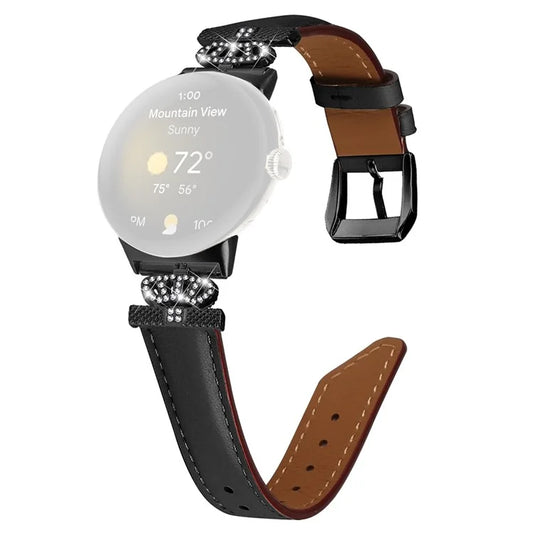 Black Buckle Watch Strap for Google Pixel Watch / Pixel Watch 2 Genuine Cowhide Leather Band with Crown Rhinestone
