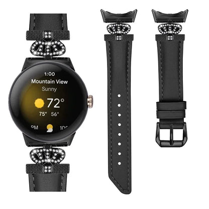 Black Buckle Watch Strap for Google Pixel Watch / Pixel Watch 2 Genuine Cowhide Leather Band with Crown Rhinestone