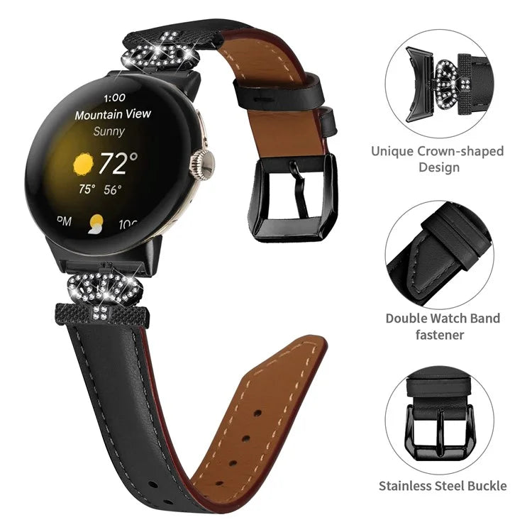 Black Buckle Watch Strap for Google Pixel Watch / Pixel Watch 2 Genuine Cowhide Leather Band with Crown Rhinestone