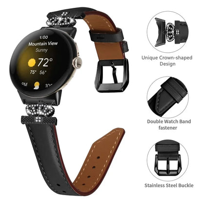 Black Buckle Watch Strap for Google Pixel Watch / Pixel Watch 2 Genuine Cowhide Leather Band with Crown Rhinestone