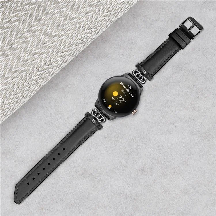 Black Buckle Watch Strap for Google Pixel Watch / Pixel Watch 2 Genuine Cowhide Leather Band with Crown Rhinestone