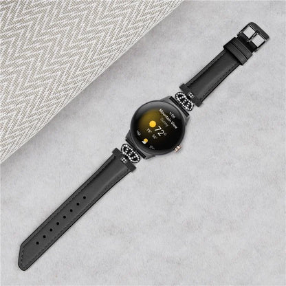 Black Buckle Watch Strap for Google Pixel Watch / Pixel Watch 2 Genuine Cowhide Leather Band with Crown Rhinestone