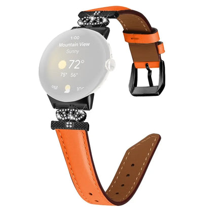 Black Buckle Watch Strap for Google Pixel Watch / Pixel Watch 2 Genuine Cowhide Leather Band with Crown Rhinestone