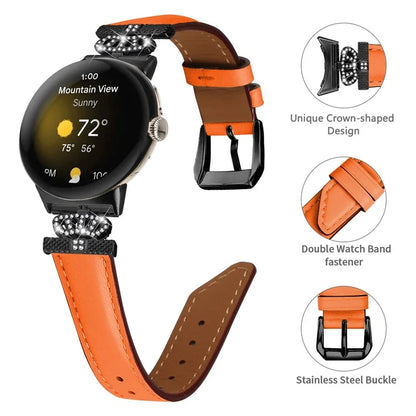 Black Buckle Watch Strap for Google Pixel Watch / Pixel Watch 2 Genuine Cowhide Leather Band with Crown Rhinestone