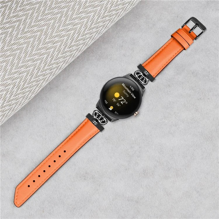 Black Buckle Watch Strap for Google Pixel Watch / Pixel Watch 2 Genuine Cowhide Leather Band with Crown Rhinestone