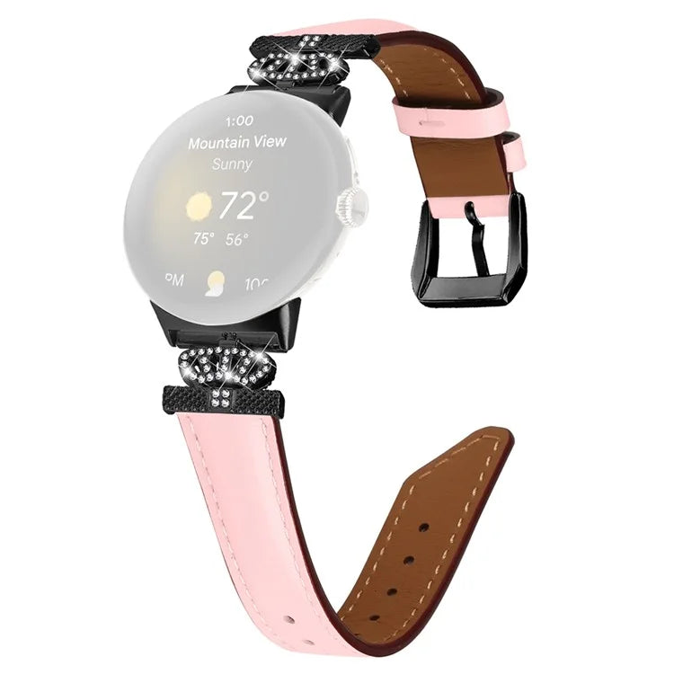 Black Buckle Watch Strap for Google Pixel Watch / Pixel Watch 2 Genuine Cowhide Leather Band with Crown Rhinestone