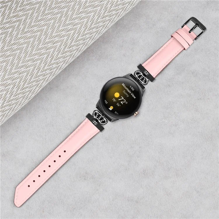 Black Buckle Watch Strap for Google Pixel Watch / Pixel Watch 2 Genuine Cowhide Leather Band with Crown Rhinestone
