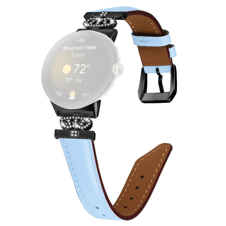 Black Buckle Watch Strap for Google Pixel Watch / Pixel Watch 2 Genuine Cowhide Leather Band with Crown Rhinestone