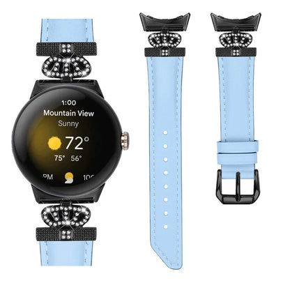 Black Buckle Watch Strap for Google Pixel Watch / Pixel Watch 2 Genuine Cowhide Leather Band with Crown Rhinestone