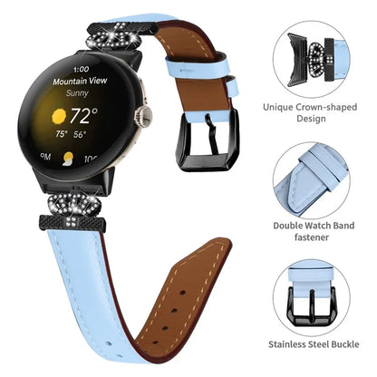 Black Buckle Watch Strap for Google Pixel Watch / Pixel Watch 2 Genuine Cowhide Leather Band with Crown Rhinestone