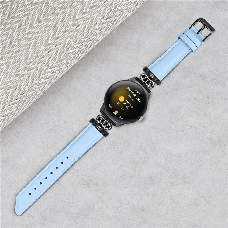 Black Buckle Watch Strap for Google Pixel Watch / Pixel Watch 2 Genuine Cowhide Leather Band with Crown Rhinestone