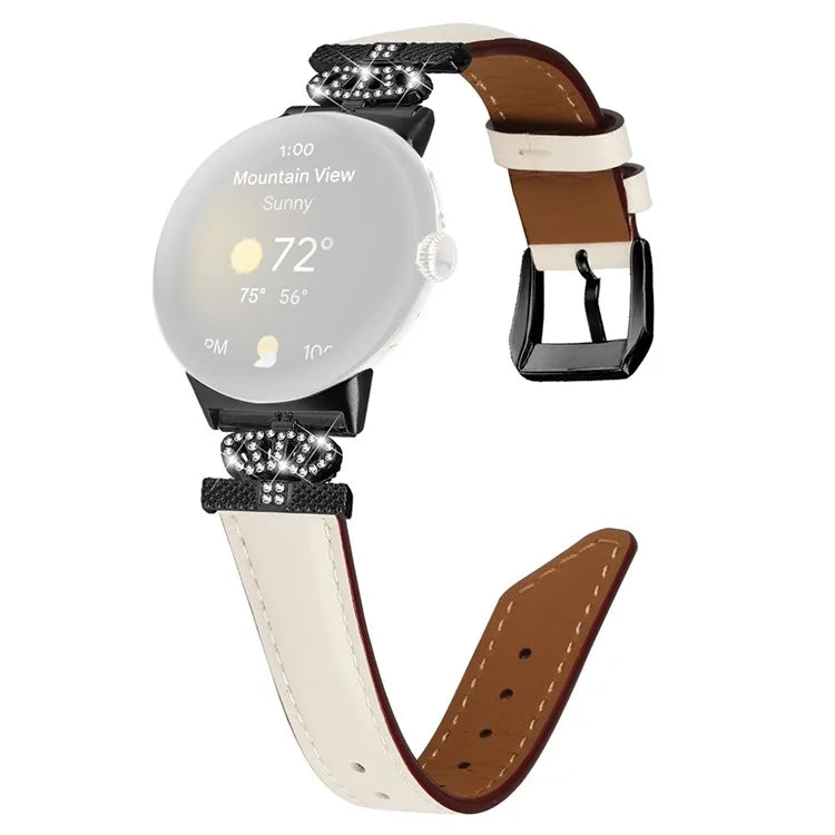 Black Buckle Watch Strap for Google Pixel Watch / Pixel Watch 2 Genuine Cowhide Leather Band with Crown Rhinestone