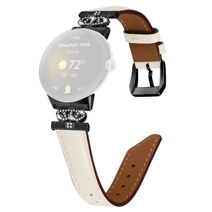 Black Buckle Watch Strap for Google Pixel Watch / Pixel Watch 2 Genuine Cowhide Leather Band with Crown Rhinestone