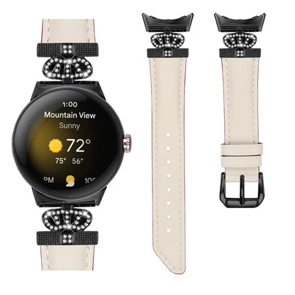 Black Buckle Watch Strap for Google Pixel Watch / Pixel Watch 2 Genuine Cowhide Leather Band with Crown Rhinestone