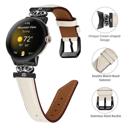 Black Buckle Watch Strap for Google Pixel Watch / Pixel Watch 2 Genuine Cowhide Leather Band with Crown Rhinestone