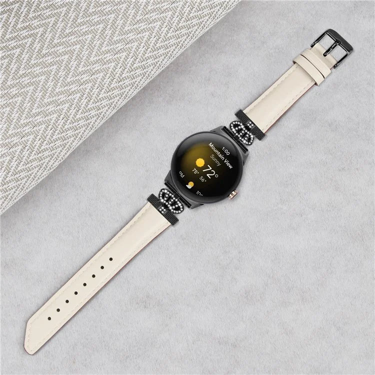 Black Buckle Watch Strap for Google Pixel Watch / Pixel Watch 2 Genuine Cowhide Leather Band with Crown Rhinestone