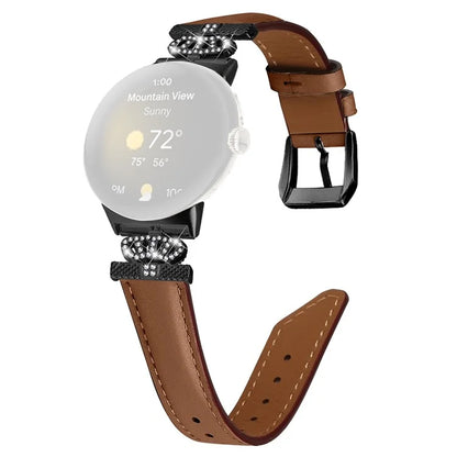 Black Buckle Watch Strap for Google Pixel Watch / Pixel Watch 2 Genuine Cowhide Leather Band with Crown Rhinestone