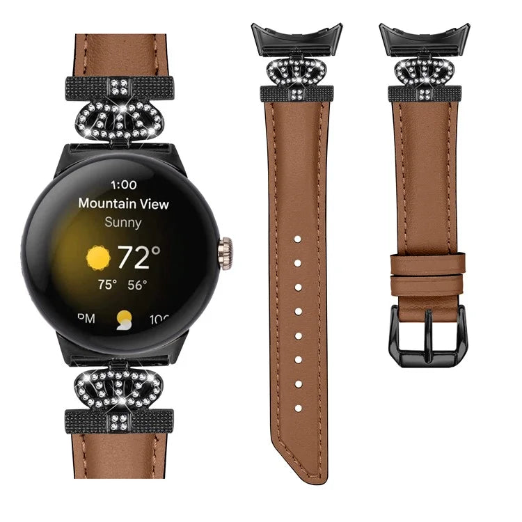 Black Buckle Watch Strap for Google Pixel Watch / Pixel Watch 2 Genuine Cowhide Leather Band with Crown Rhinestone