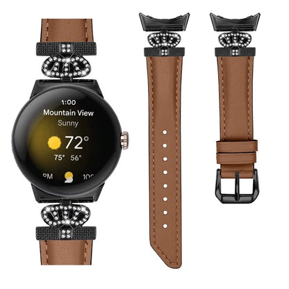 Black Buckle Watch Strap for Google Pixel Watch / Pixel Watch 2 Genuine Cowhide Leather Band with Crown Rhinestone