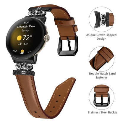 Black Buckle Watch Strap for Google Pixel Watch / Pixel Watch 2 Genuine Cowhide Leather Band with Crown Rhinestone