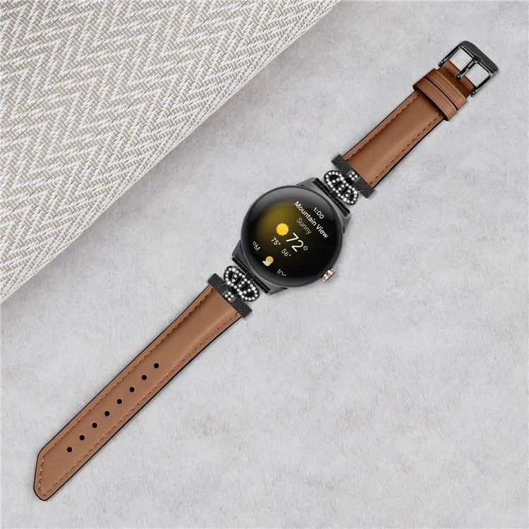 Black Buckle Watch Strap for Google Pixel Watch / Pixel Watch 2 Genuine Cowhide Leather Band with Crown Rhinestone