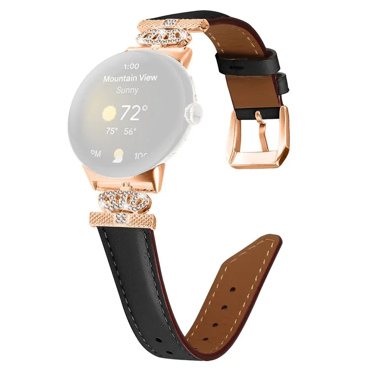 Rose Gold Buckle Watch Band for Google Pixel Watch / Pixel Watch 2 Crown Rhinestone Genuine Cowhide Leather Strap