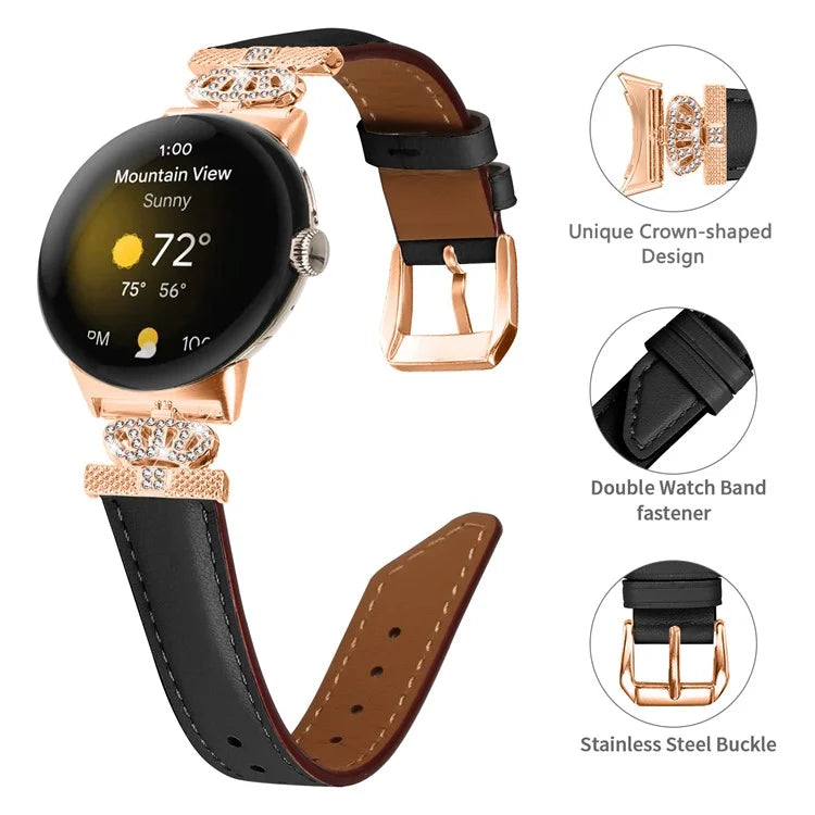 Rose Gold Buckle Watch Band for Google Pixel Watch / Pixel Watch 2 Crown Rhinestone Genuine Cowhide Leather Strap
