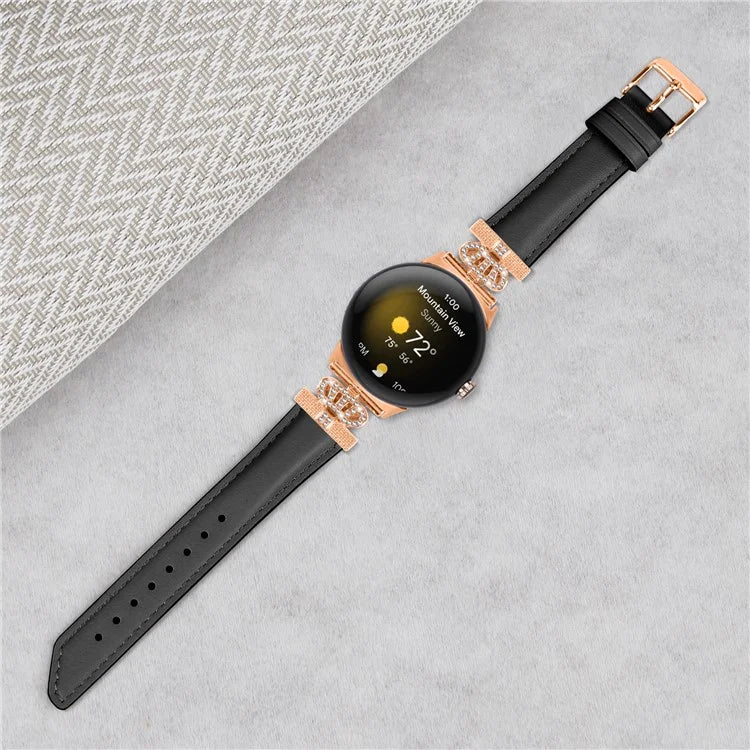 Rose Gold Buckle Watch Band for Google Pixel Watch / Pixel Watch 2 Crown Rhinestone Genuine Cowhide Leather Strap