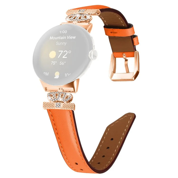 Rose Gold Buckle Watch Band for Google Pixel Watch / Pixel Watch 2 Crown Rhinestone Genuine Cowhide Leather Strap