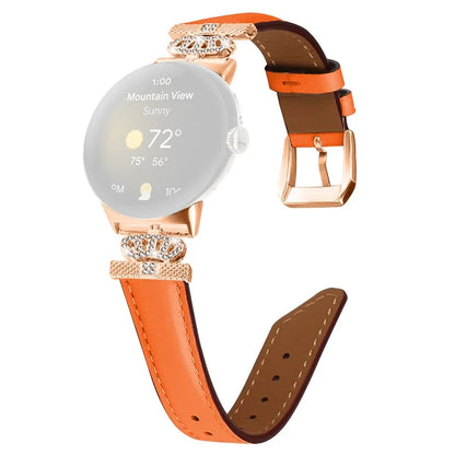 Rose Gold Buckle Watch Band for Google Pixel Watch / Pixel Watch 2 Crown Rhinestone Genuine Cowhide Leather Strap
