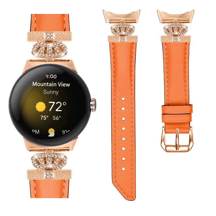 Rose Gold Buckle Watch Band for Google Pixel Watch / Pixel Watch 2 Crown Rhinestone Genuine Cowhide Leather Strap