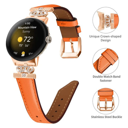 Rose Gold Buckle Watch Band for Google Pixel Watch / Pixel Watch 2 Crown Rhinestone Genuine Cowhide Leather Strap
