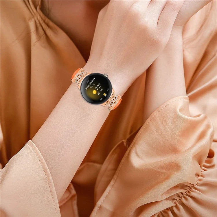 Rose Gold Buckle Watch Band for Google Pixel Watch / Pixel Watch 2 Crown Rhinestone Genuine Cowhide Leather Strap