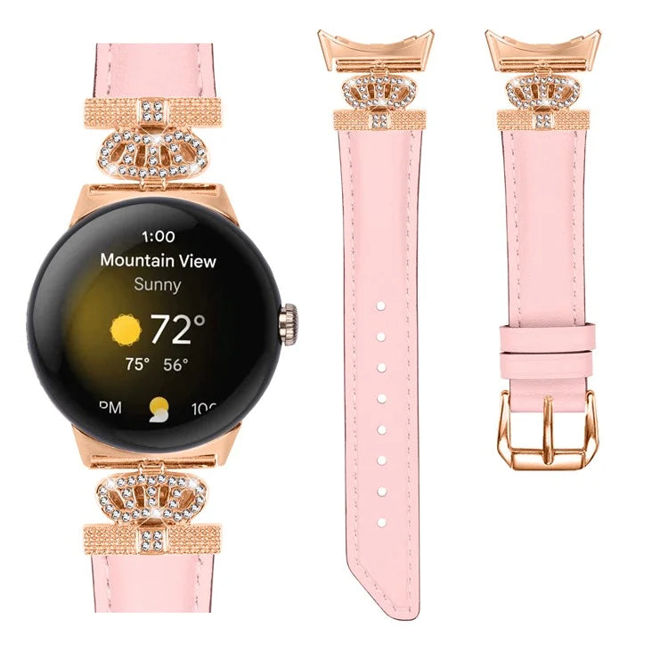Rose Gold Buckle Watch Band for Google Pixel Watch / Pixel Watch 2 Crown Rhinestone Genuine Cowhide Leather Strap
