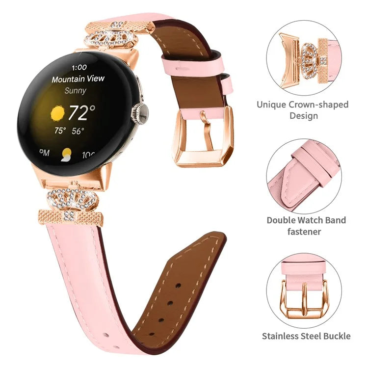 Rose Gold Buckle Watch Band for Google Pixel Watch / Pixel Watch 2 Crown Rhinestone Genuine Cowhide Leather Strap