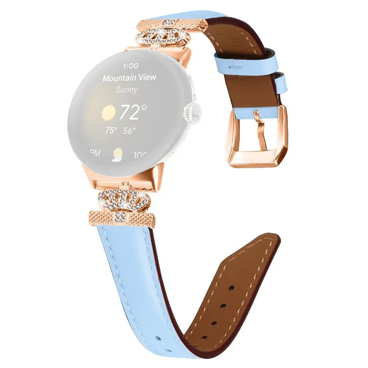 Rose Gold Buckle Watch Band for Google Pixel Watch / Pixel Watch 2 Crown Rhinestone Genuine Cowhide Leather Strap