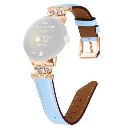 Rose Gold Buckle Watch Band for Google Pixel Watch / Pixel Watch 2 Crown Rhinestone Genuine Cowhide Leather Strap