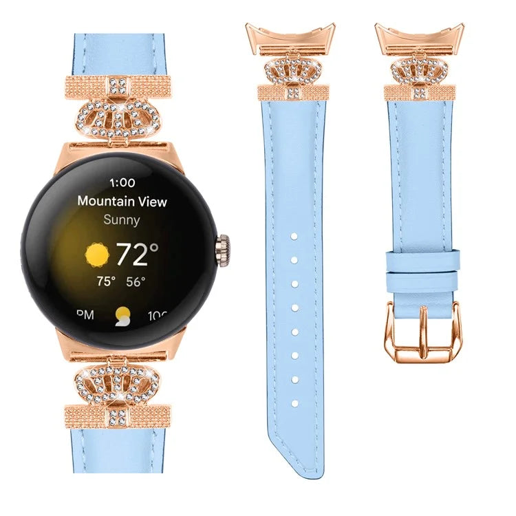 Rose Gold Buckle Watch Band for Google Pixel Watch / Pixel Watch 2 Crown Rhinestone Genuine Cowhide Leather Strap