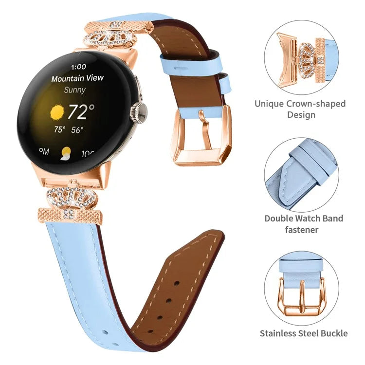 Rose Gold Buckle Watch Band for Google Pixel Watch / Pixel Watch 2 Crown Rhinestone Genuine Cowhide Leather Strap