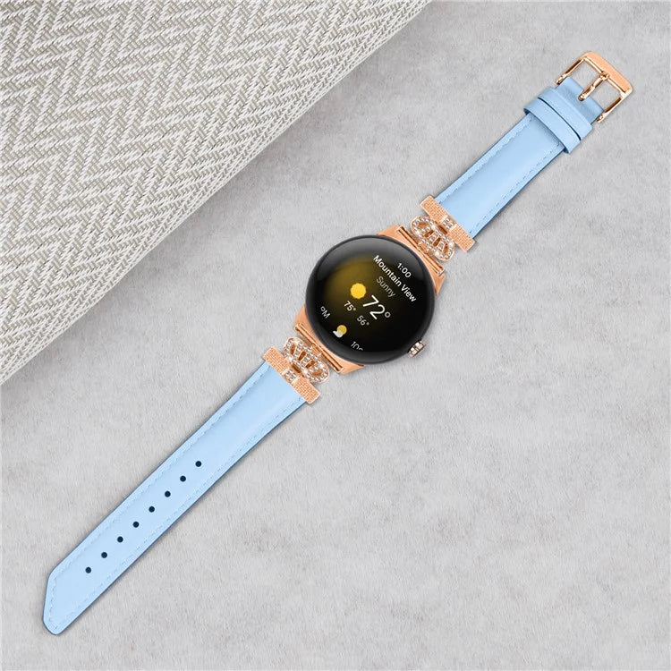 Rose Gold Buckle Watch Band for Google Pixel Watch / Pixel Watch 2 Crown Rhinestone Genuine Cowhide Leather Strap