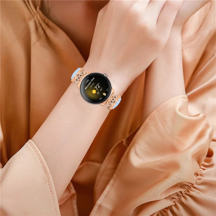 Rose Gold Buckle Watch Band for Google Pixel Watch / Pixel Watch 2 Crown Rhinestone Genuine Cowhide Leather Strap