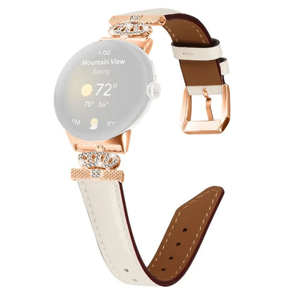 Rose Gold Buckle Watch Band for Google Pixel Watch / Pixel Watch 2 Crown Rhinestone Genuine Cowhide Leather Strap