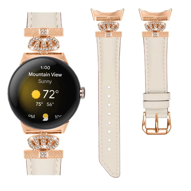Rose Gold Buckle Watch Band for Google Pixel Watch / Pixel Watch 2 Crown Rhinestone Genuine Cowhide Leather Strap