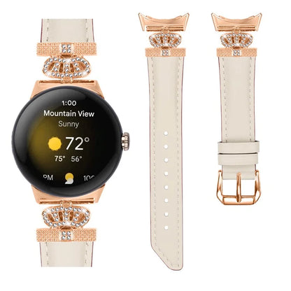 Rose Gold Buckle Watch Band for Google Pixel Watch / Pixel Watch 2 Crown Rhinestone Genuine Cowhide Leather Strap